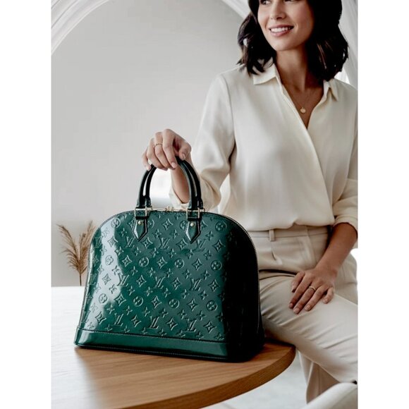 LOUIS VUITTON Alma GM Vernis Patent Monogram Green Bag Large Tote Satchel Bag LV - Picture 2 of 16